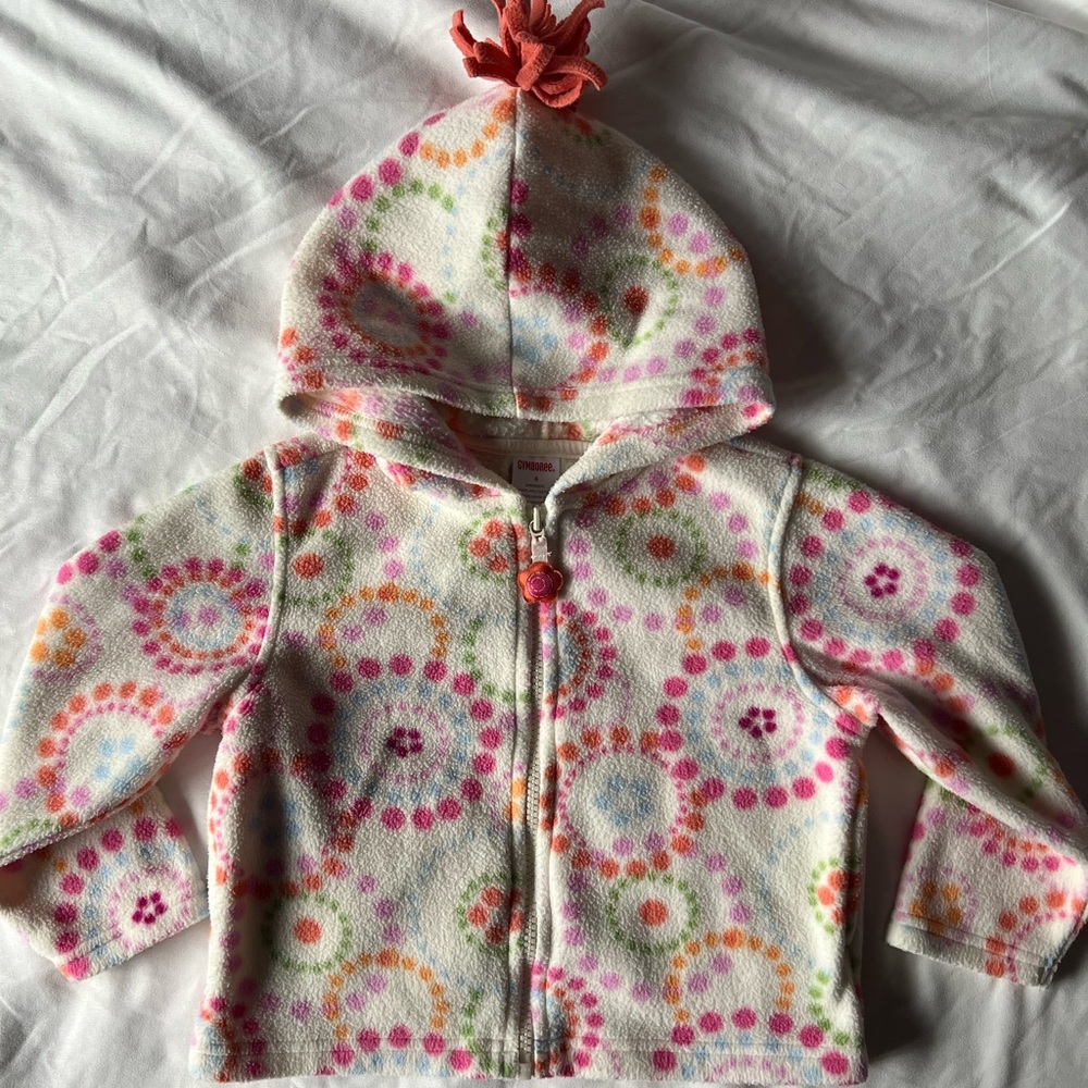 Gymboree Girls Fleece Zip-Up Pom-Pom Hoodie with Colorful Polka Dots and Flowers